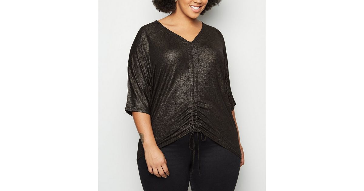 Blue Vanilla Curves Black Glitter Ruched Top | New Look