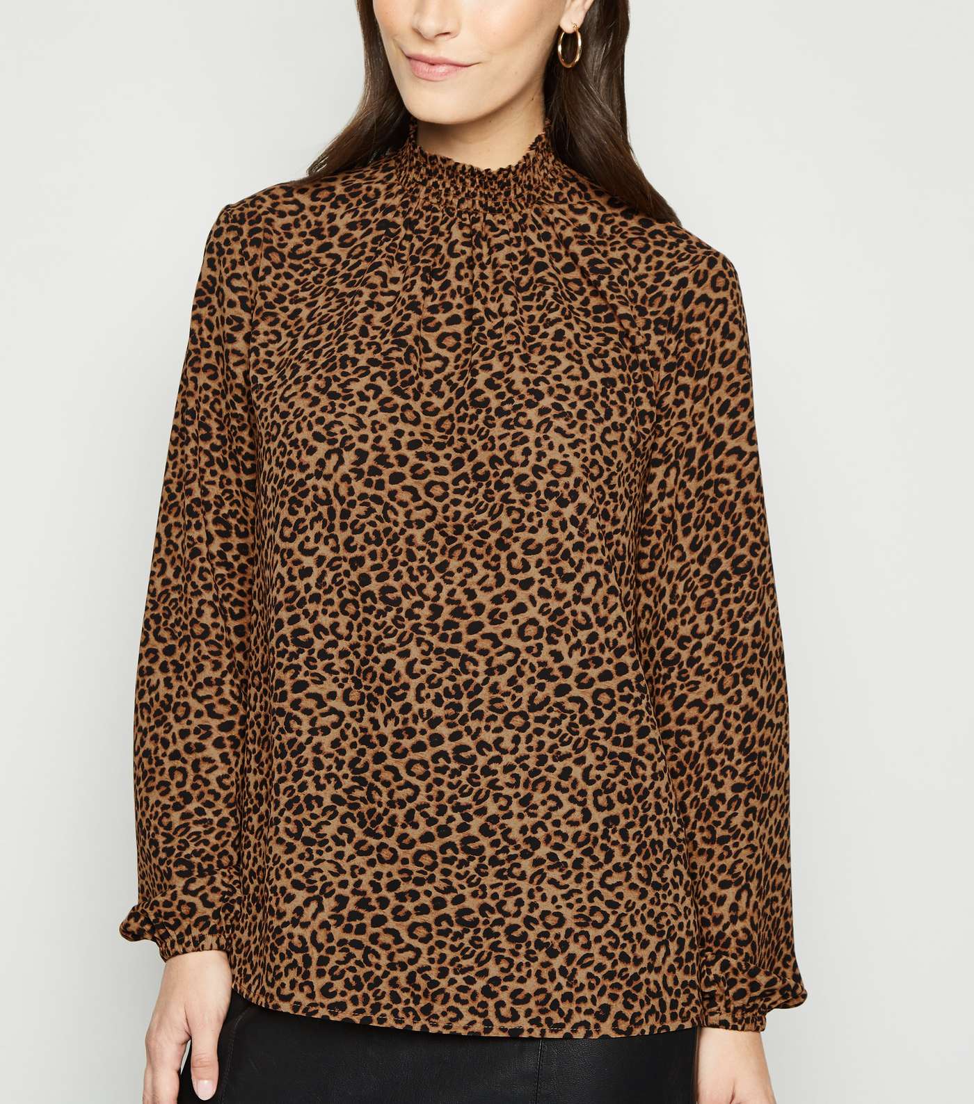 Brown Leopard Print Shirred High Neck Shirt 