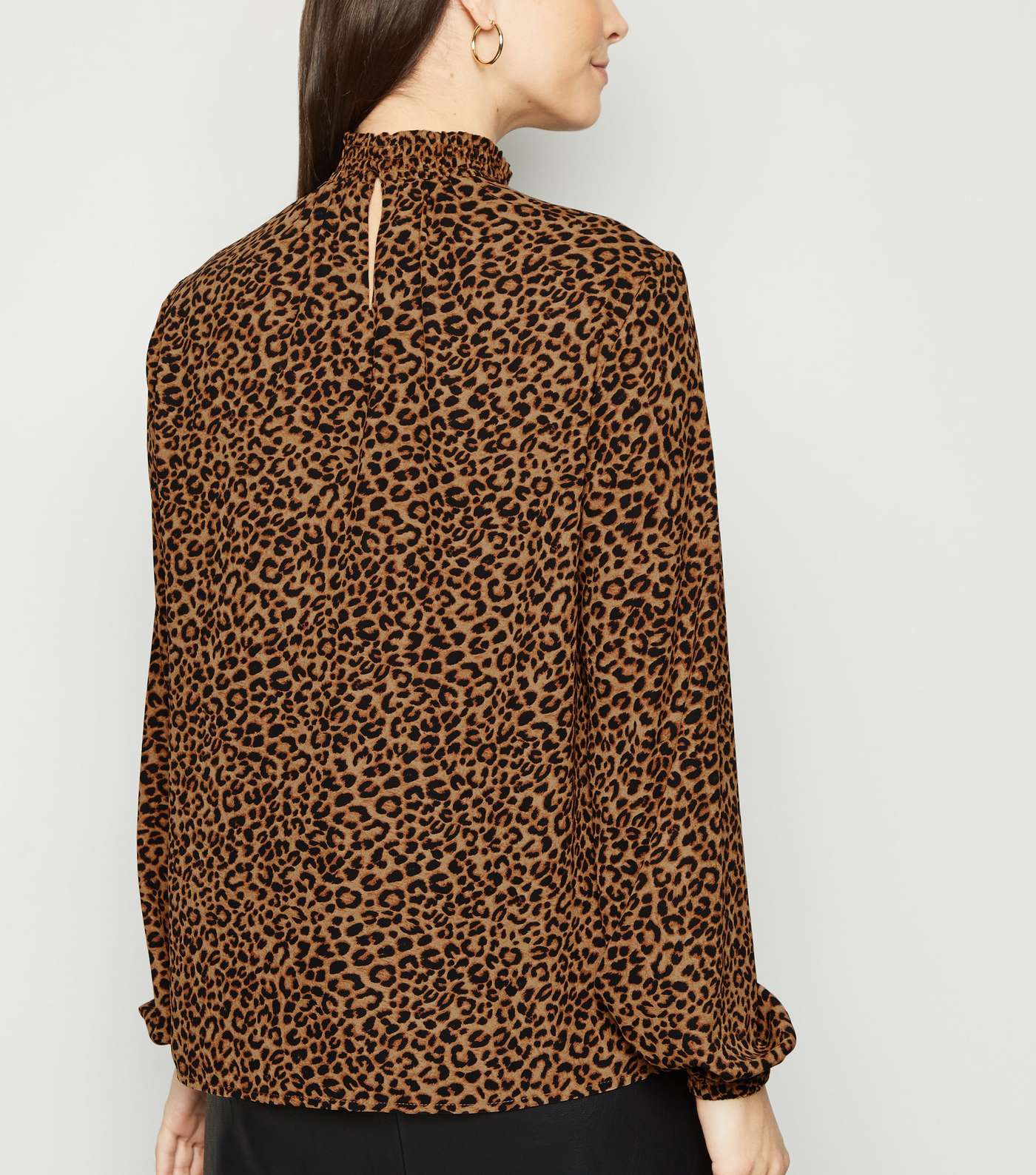 Brown Leopard Print Shirred High Neck Shirt  Image 3