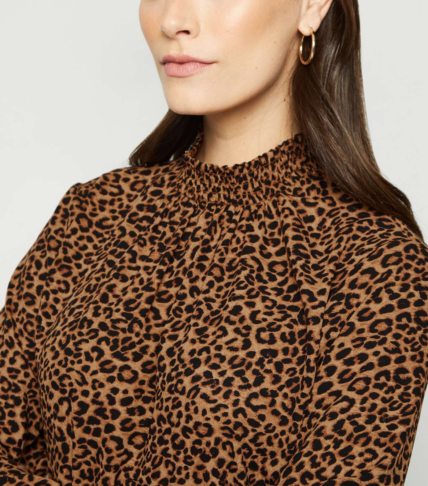 Brown Leopard Print Shirred High Neck Shirt  Image 5