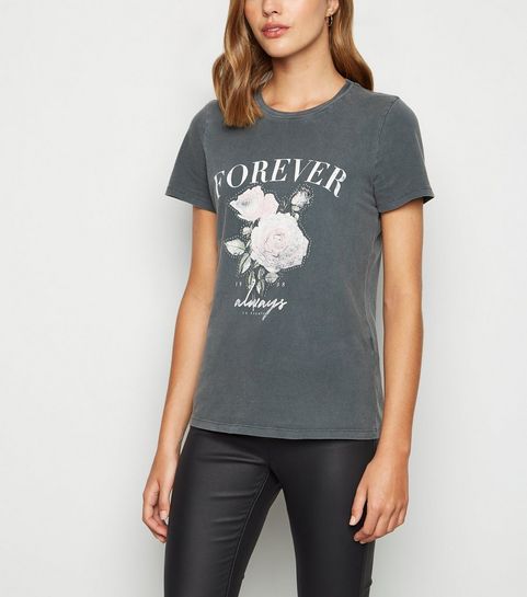 Dark Grey Acid Wash Rose Forever Slogan T-Shirt