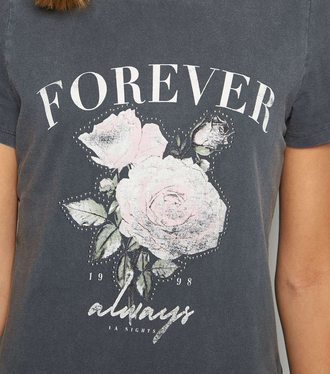 Dark Grey Acid Wash Rose Forever Slogan T-Shirt Image 5