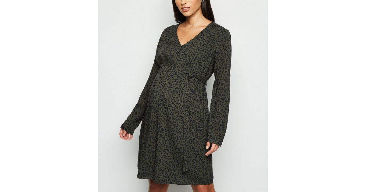 Maternity Dark Green Leopard Print Belted Dress | New Look