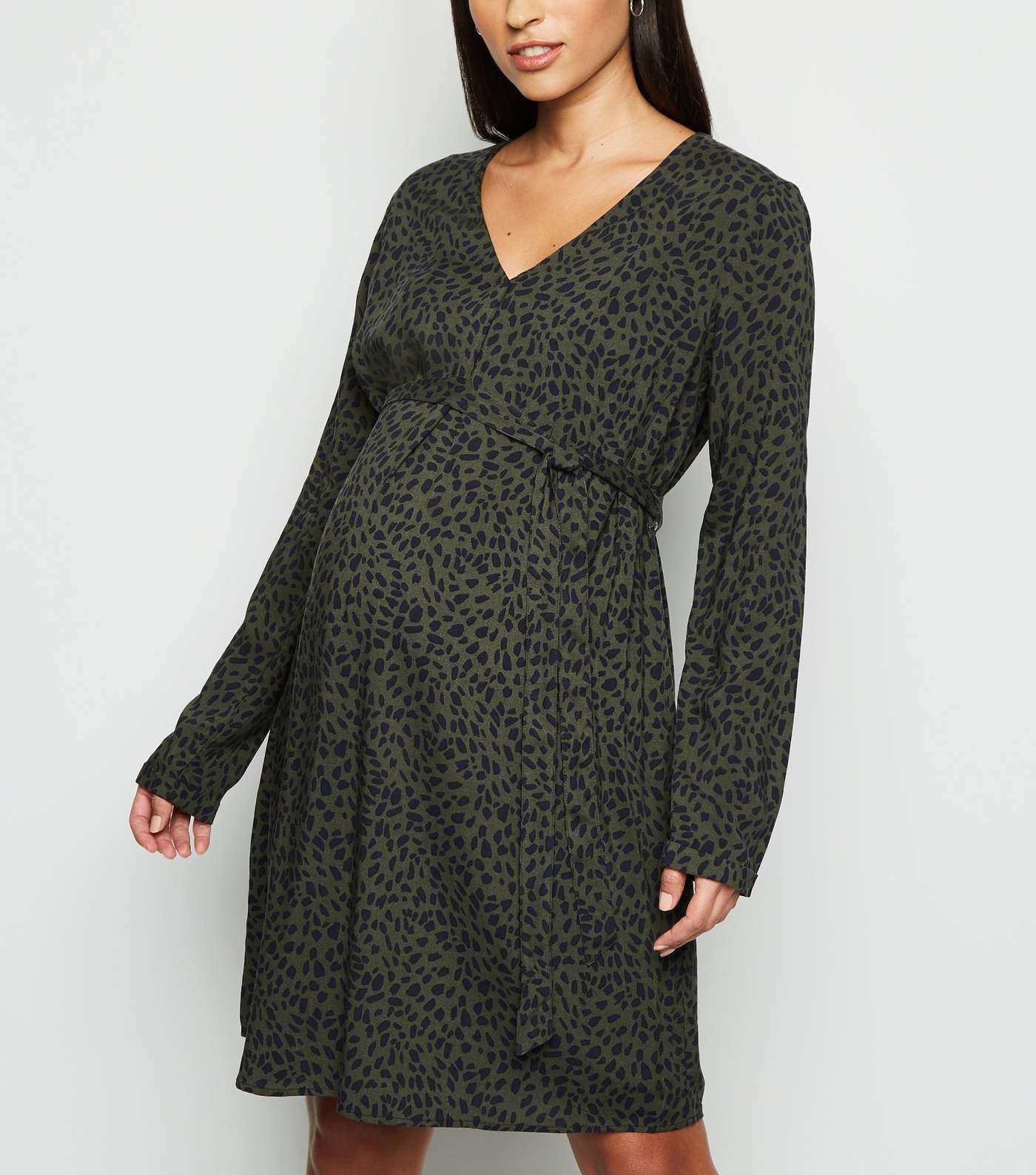 Maternity Dark Green Leopard Print Belted Dress