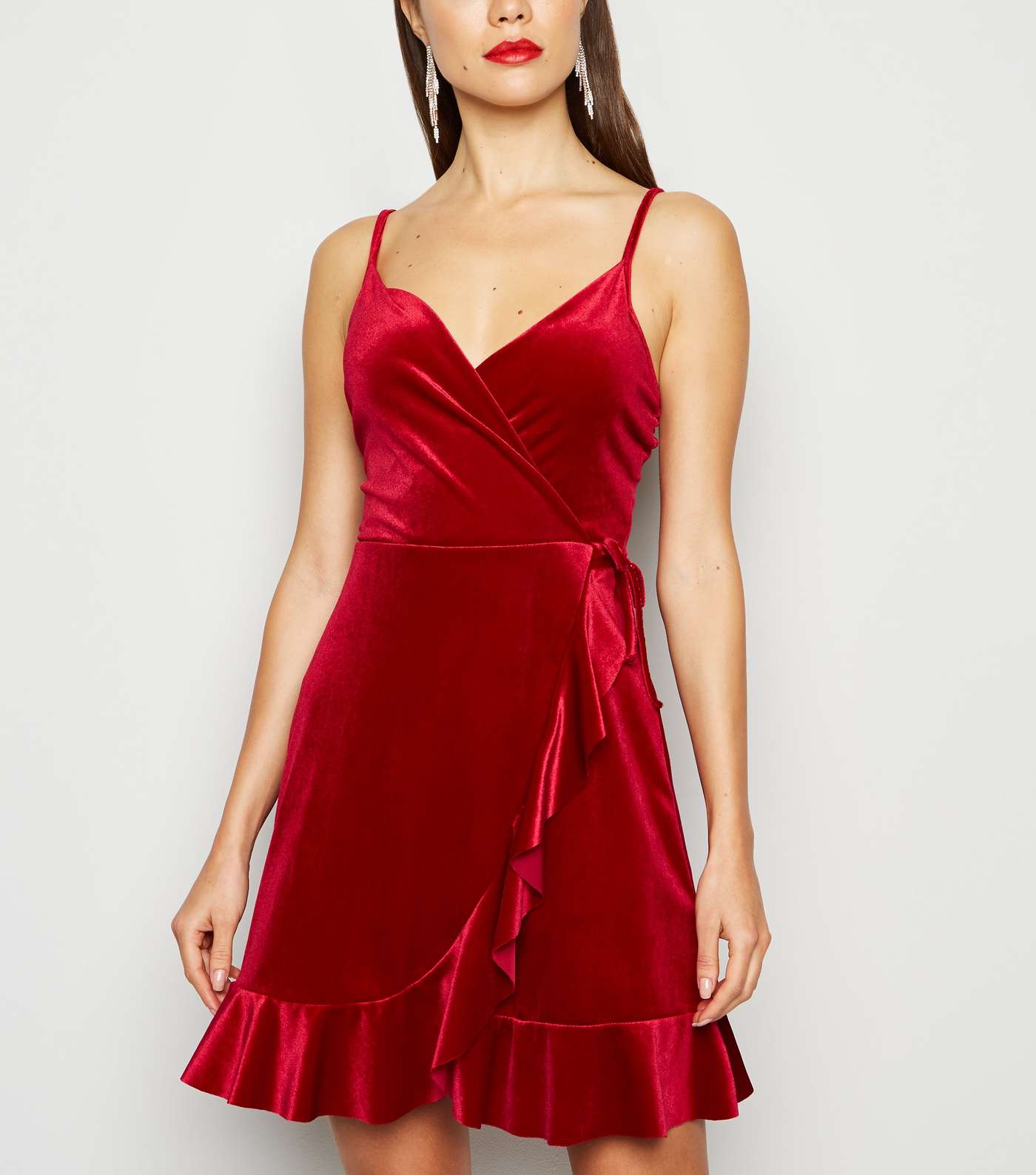 Red Velvet Frill Wrap Dress