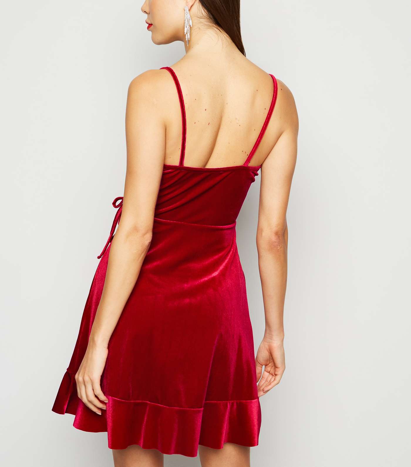 Red Velvet Frill Wrap Dress Image 3