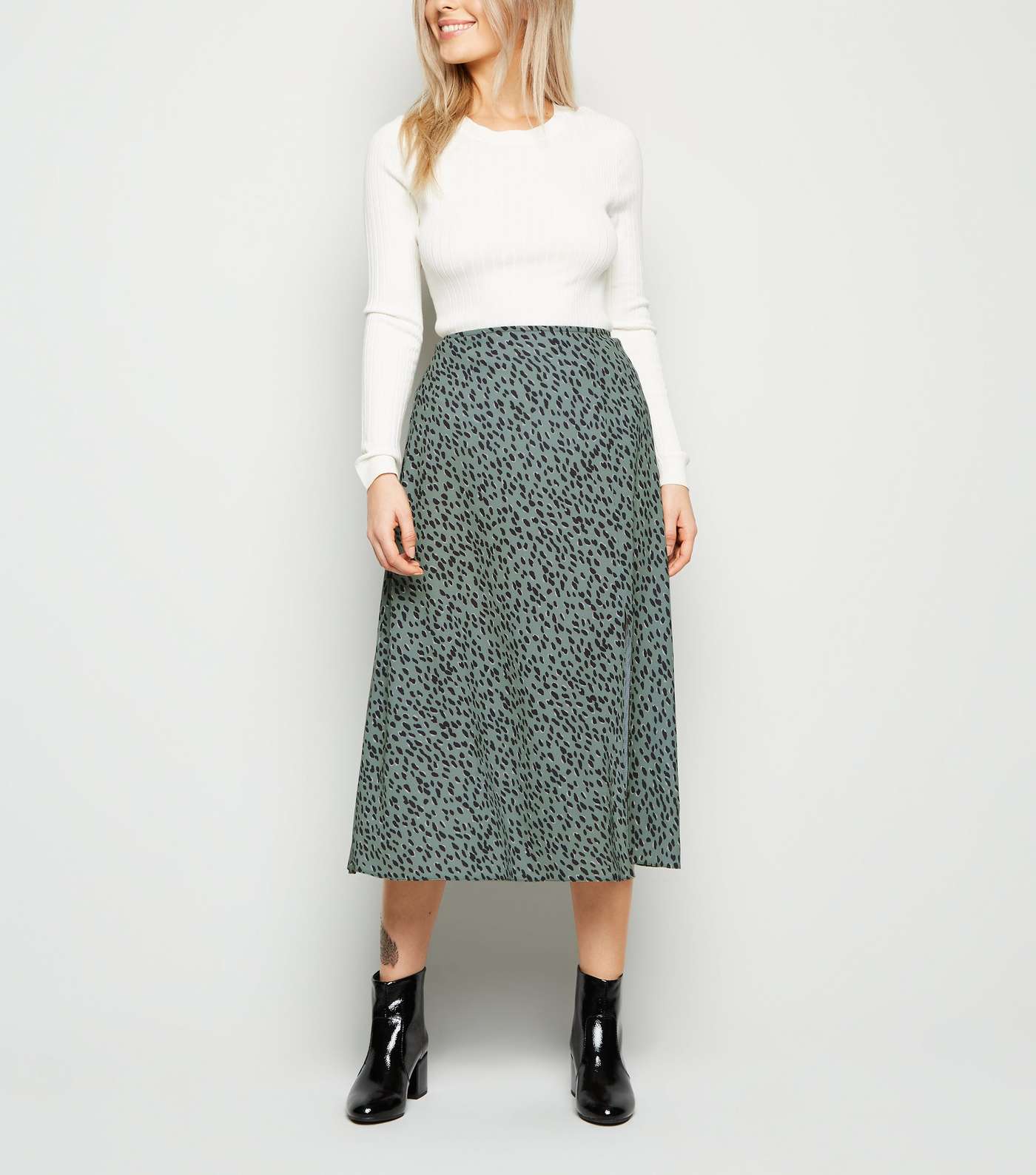 Petite Green Spot Side Split Midi Skirt
