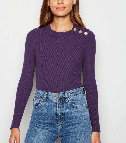 Urban Bliss Purple Ribbed Button Jumper