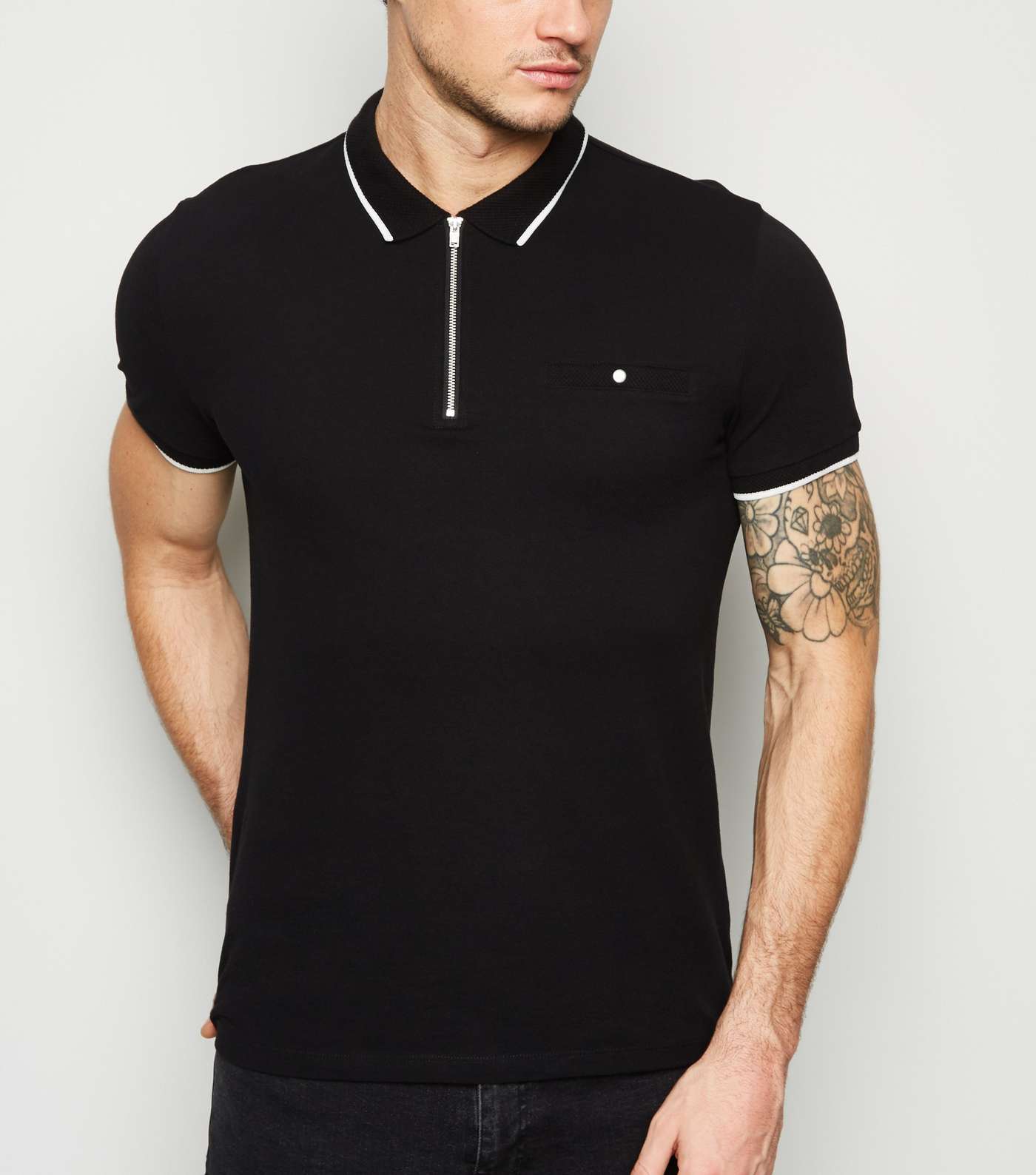 Black Tipped Zip Front Polo Shirt