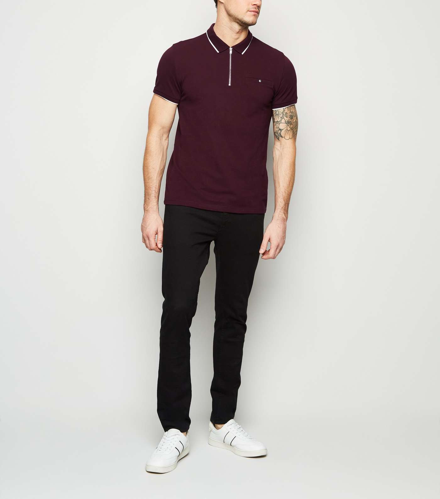 Burgundy Tipped Zip Front Polo Shirt Image 2