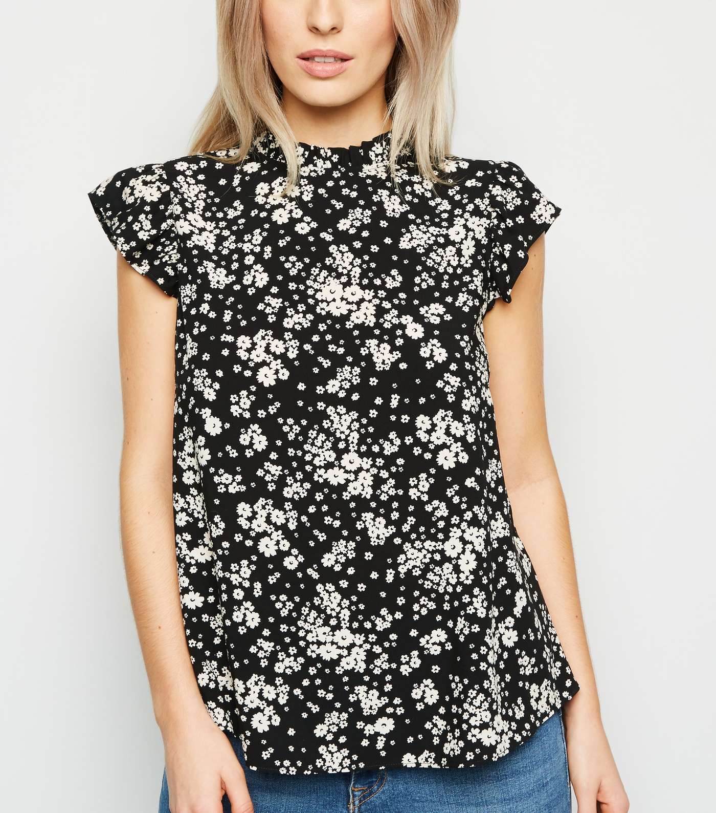 Petite Black Ditsy Floral High Neck Frill Top