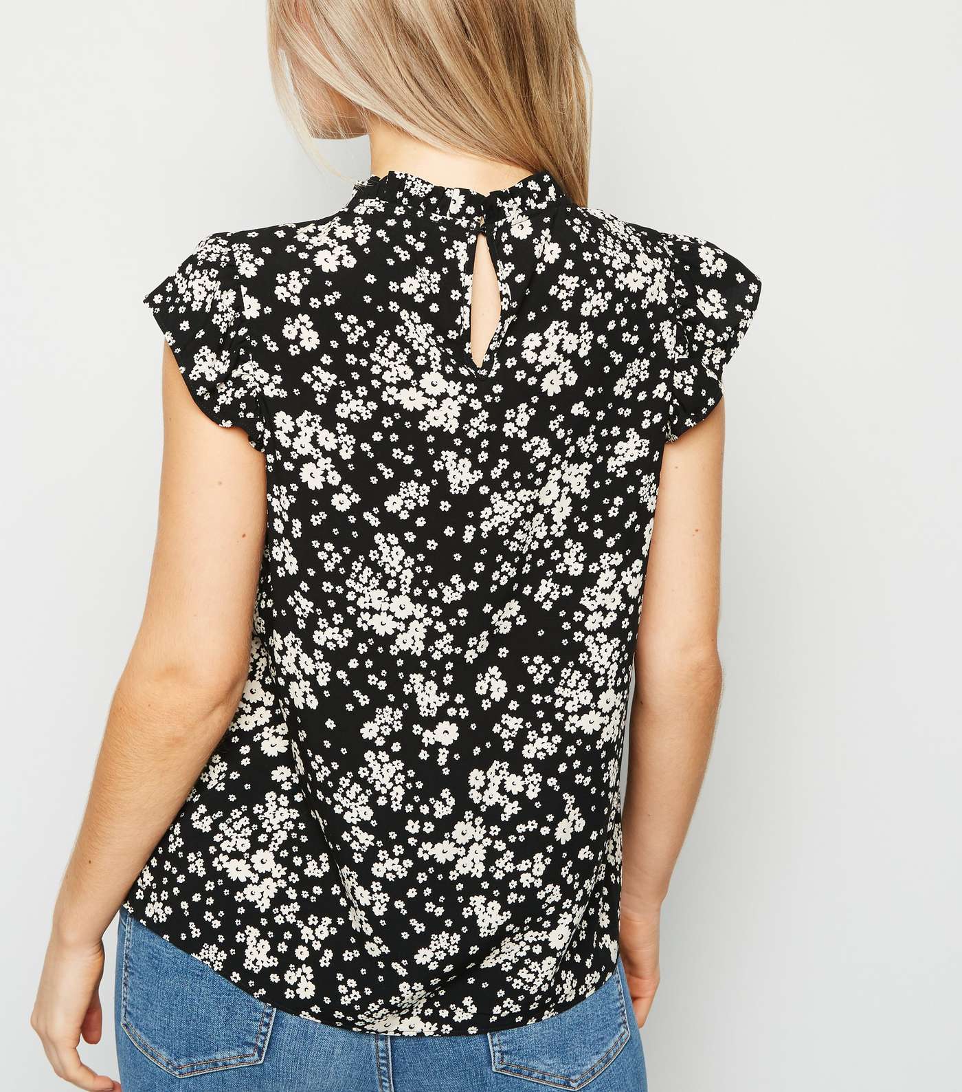 Petite Black Ditsy Floral High Neck Frill Top Image 3
