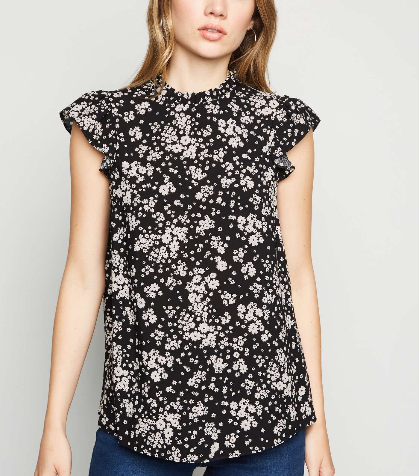 Tall Black Ditsy Floral Frill Blouse