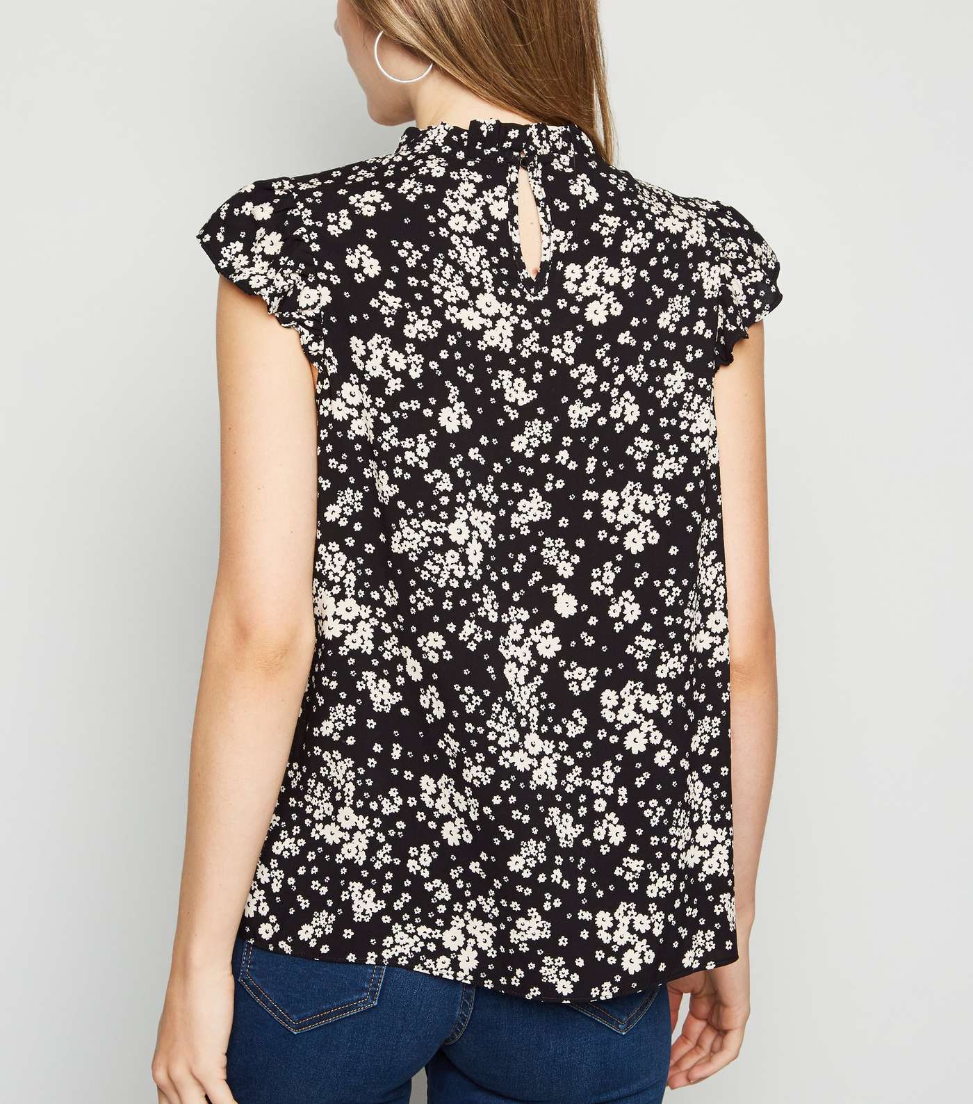 Tall Black Ditsy Floral Frill Blouse Image 3