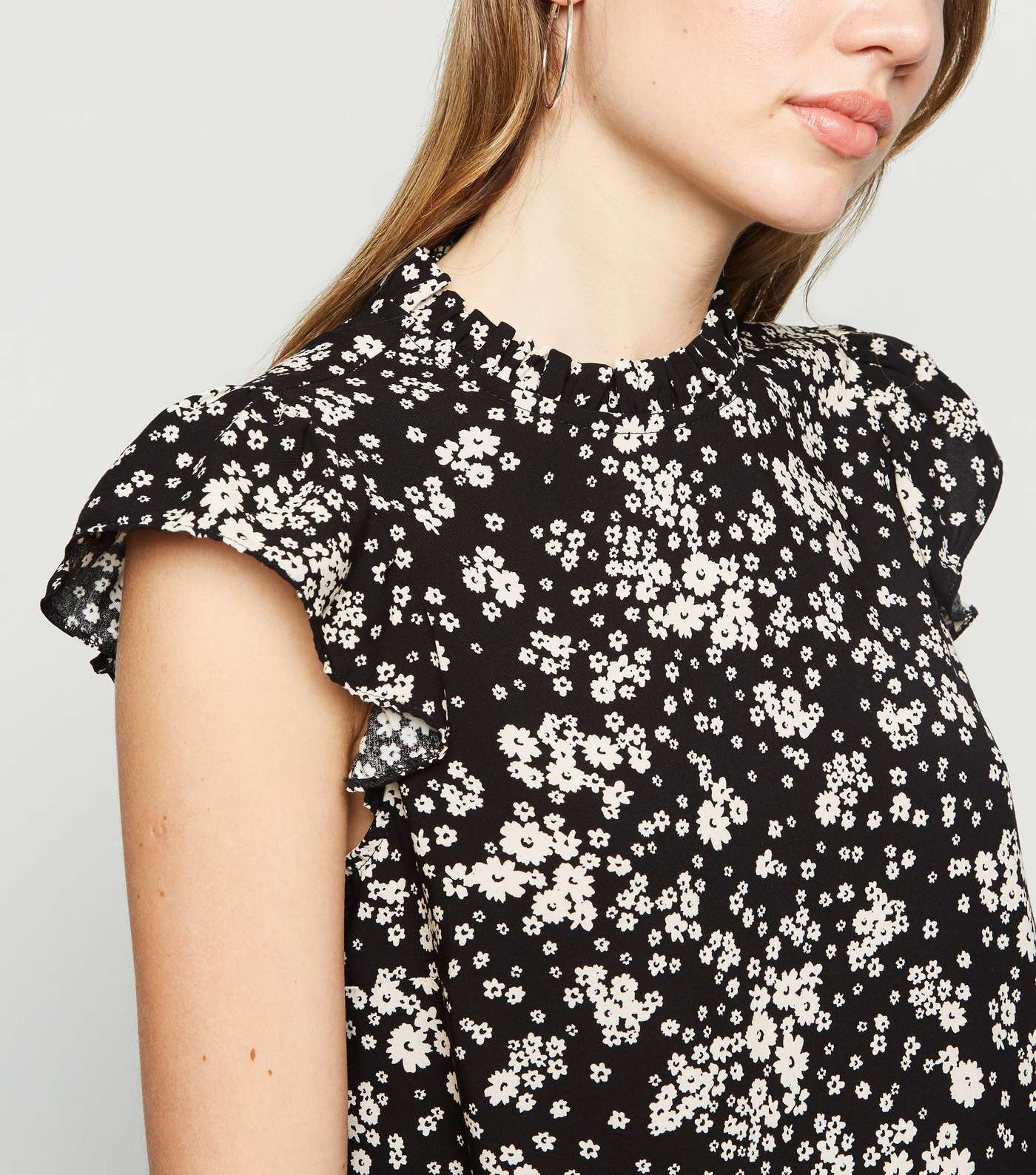 Tall Black Ditsy Floral Frill Blouse Image 5