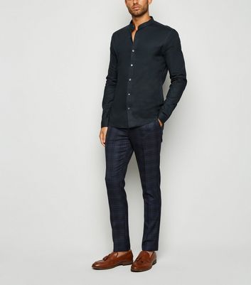 Image of Navy Muscle Fit Grandad Oxford Shirt New Look