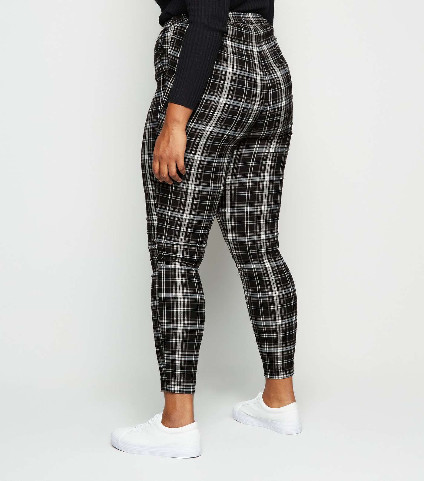 Curves Black Check Slim Stretch Trousers Image 3