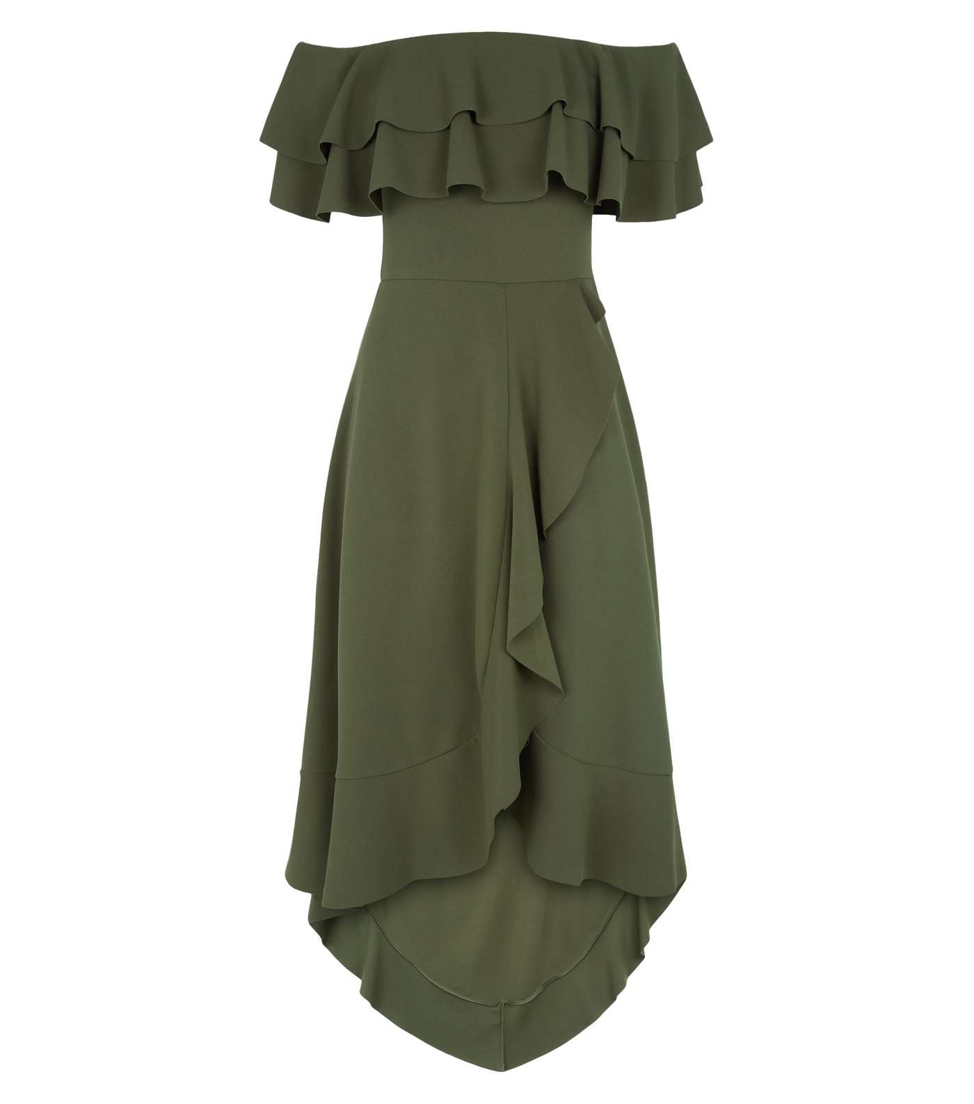 Missfiga Khaki Ruffle Trim Bardot Midi Dress Image 4