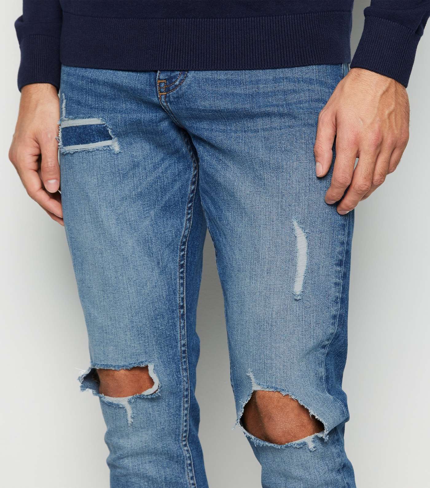 Blue Rinse Wash Ripped Skinny Stretch Jeans Image 5
