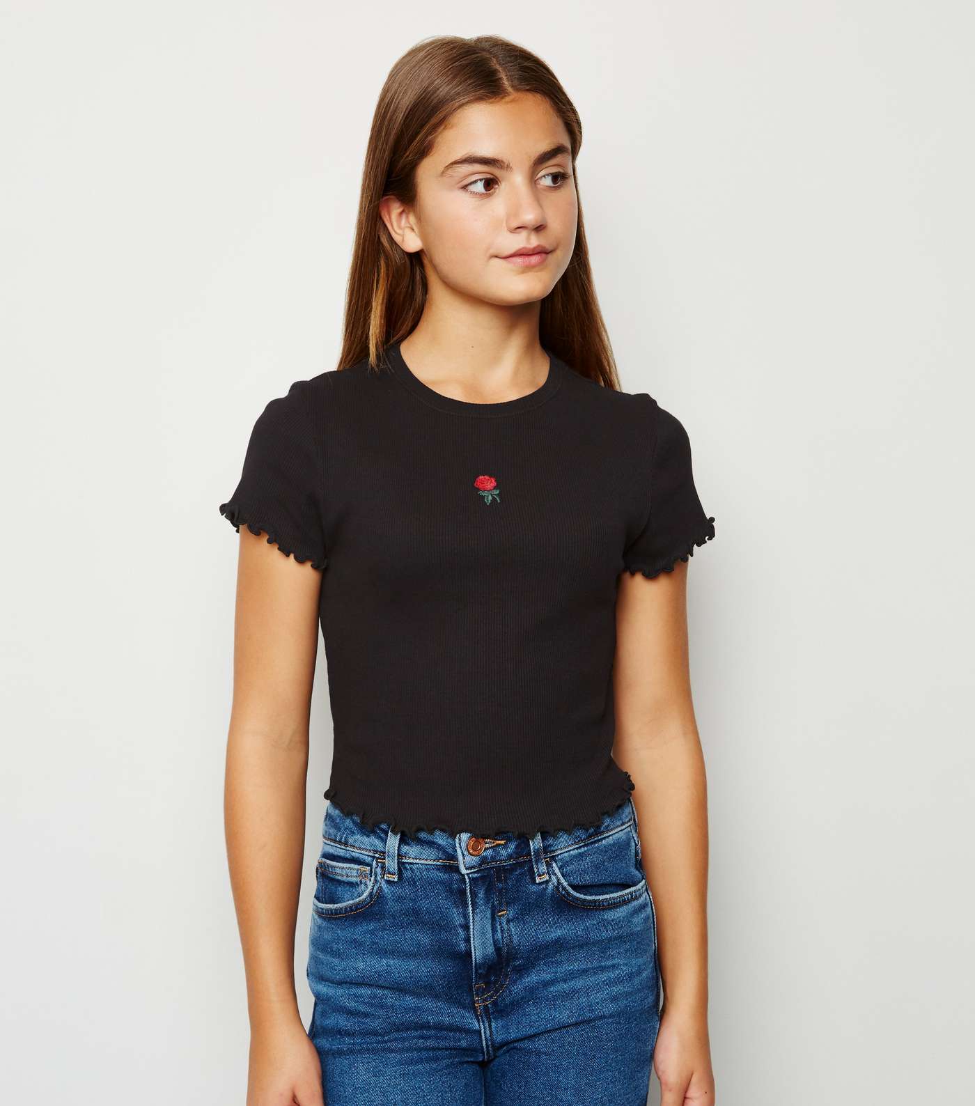 Girls Black Ribbed Embroidered Rose T-Shirt