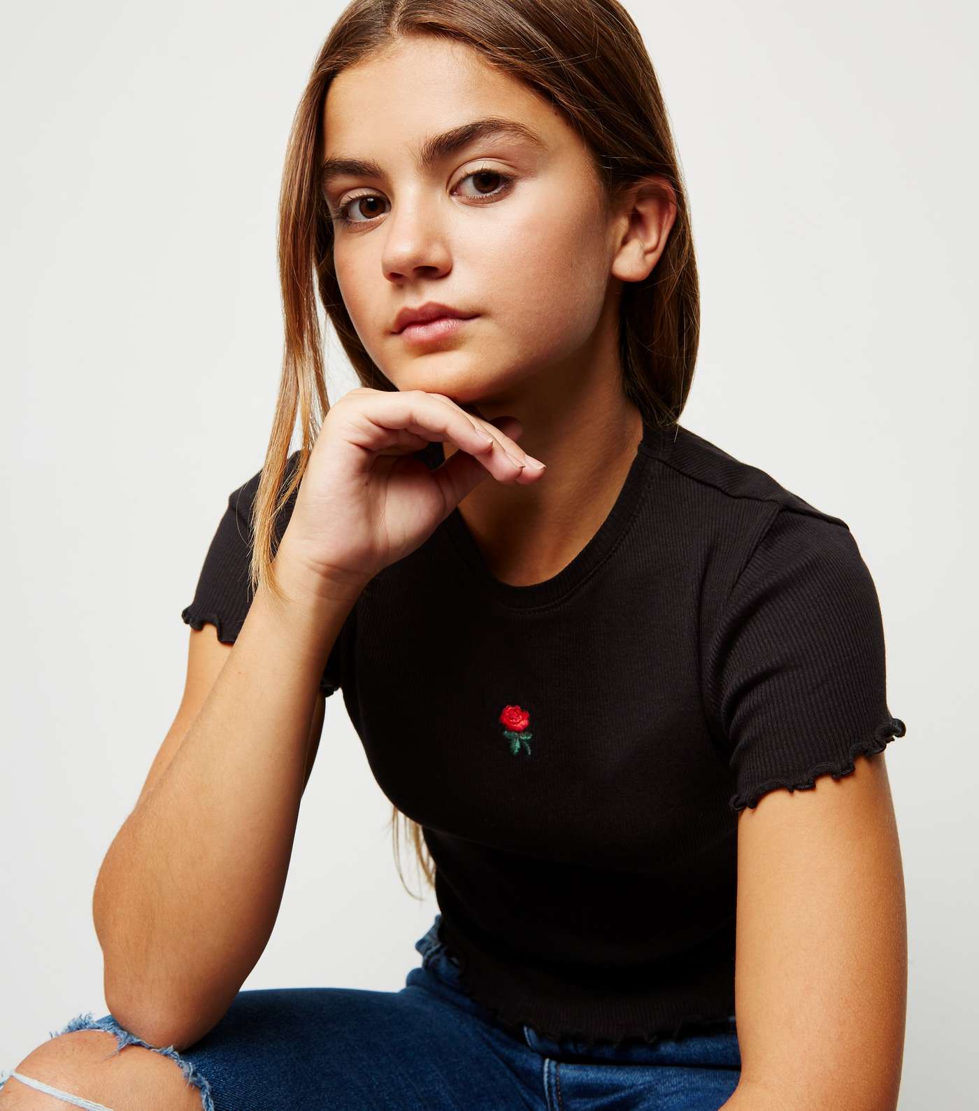 Girls Black Ribbed Embroidered Rose T-Shirt Image 5