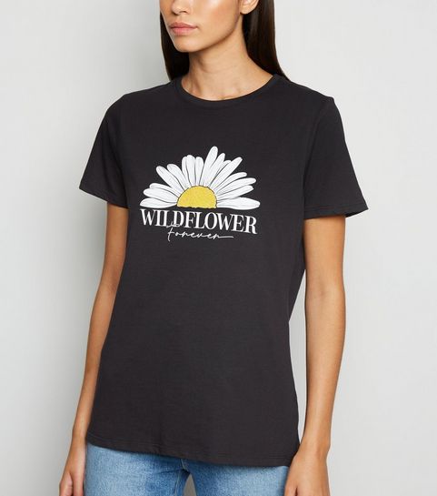Black Daisy Wildflower Forever Slogan T-Shirt