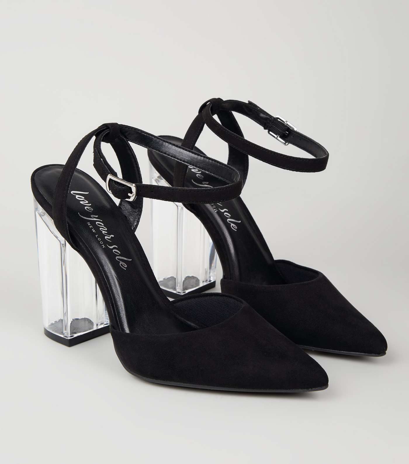 Black Suedette Clear Block Heel Court Shoes Image 3