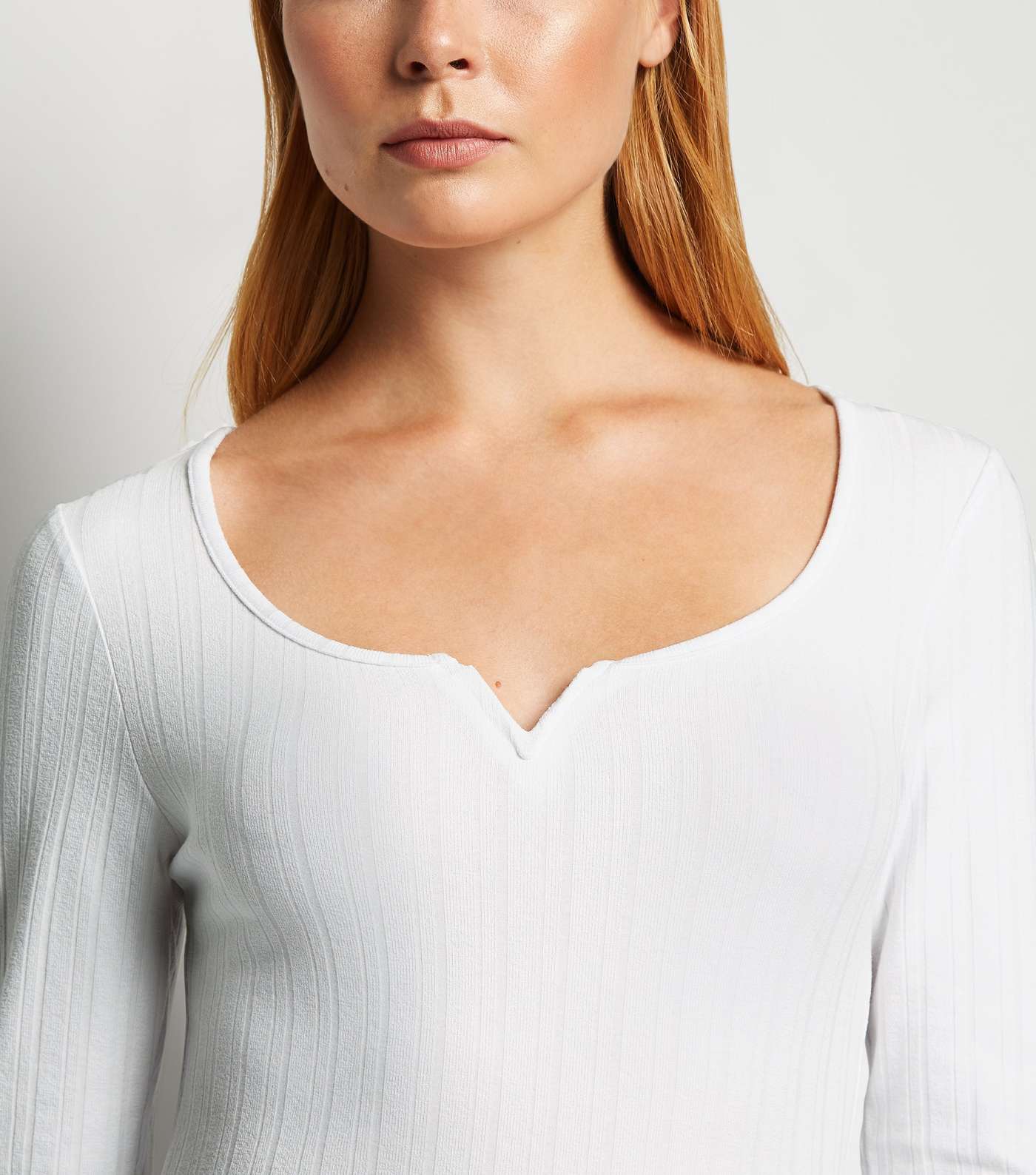 White Ribbed Long Sleeve Notch Neck T-Shirt Image 5