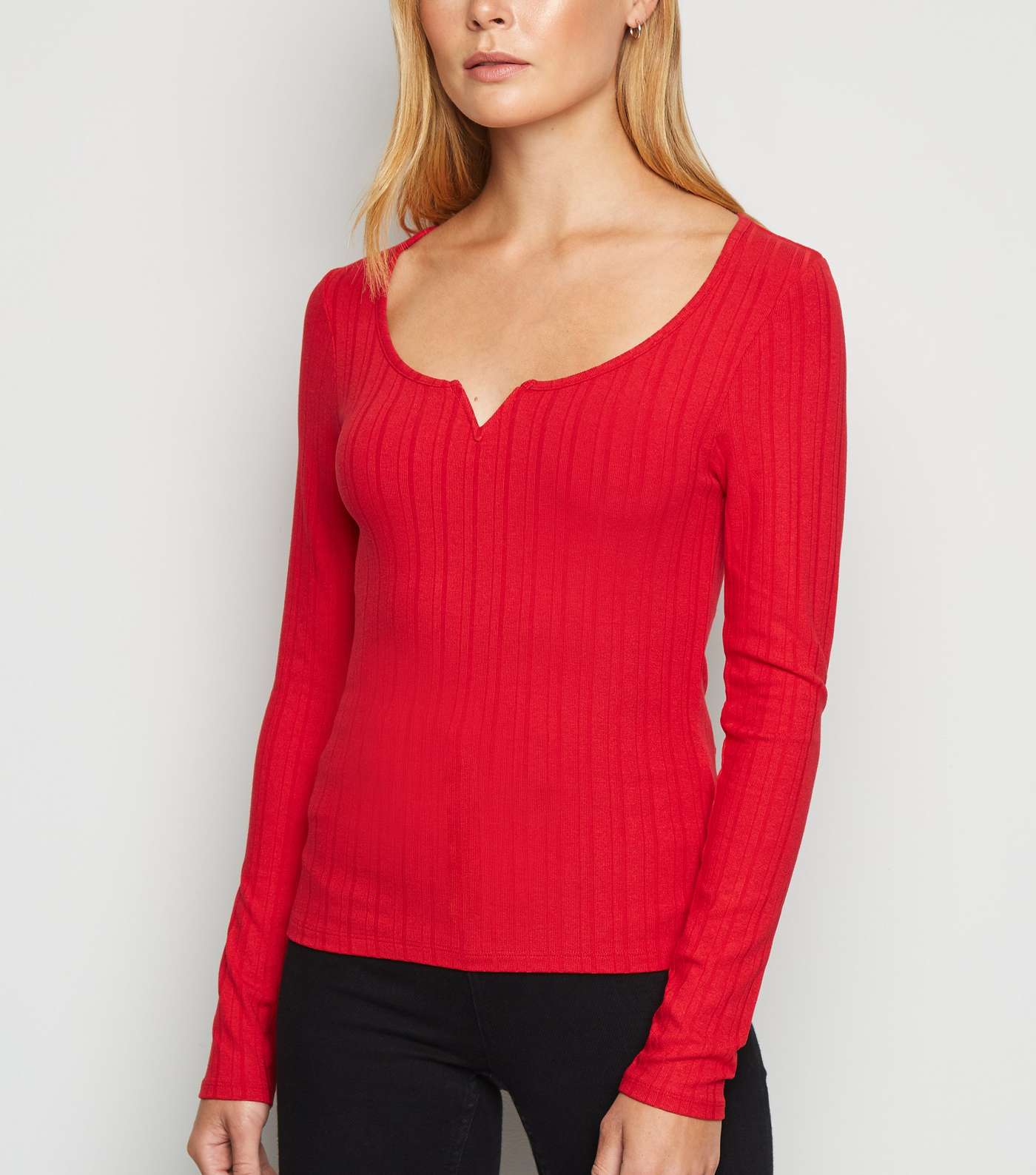 Red Ribbed Notch Neck Long Sleeve T-Shirt