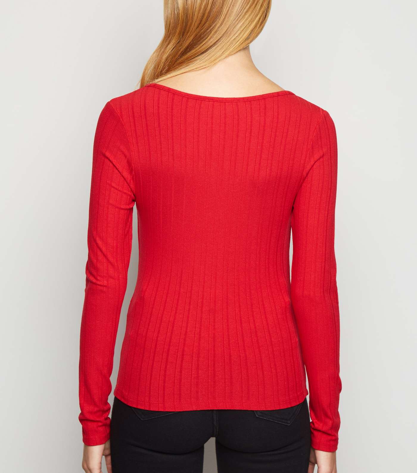 Red Ribbed Notch Neck Long Sleeve T-Shirt Image 3