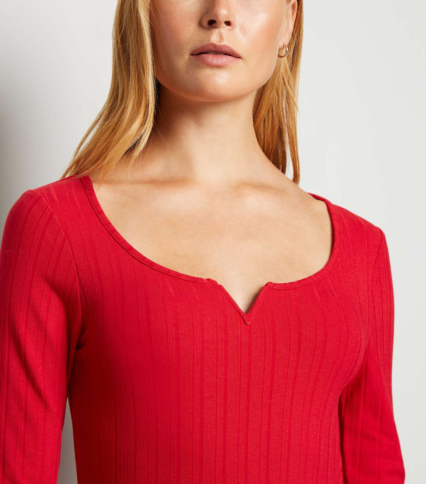 Red Ribbed Notch Neck Long Sleeve T-Shirt Image 5