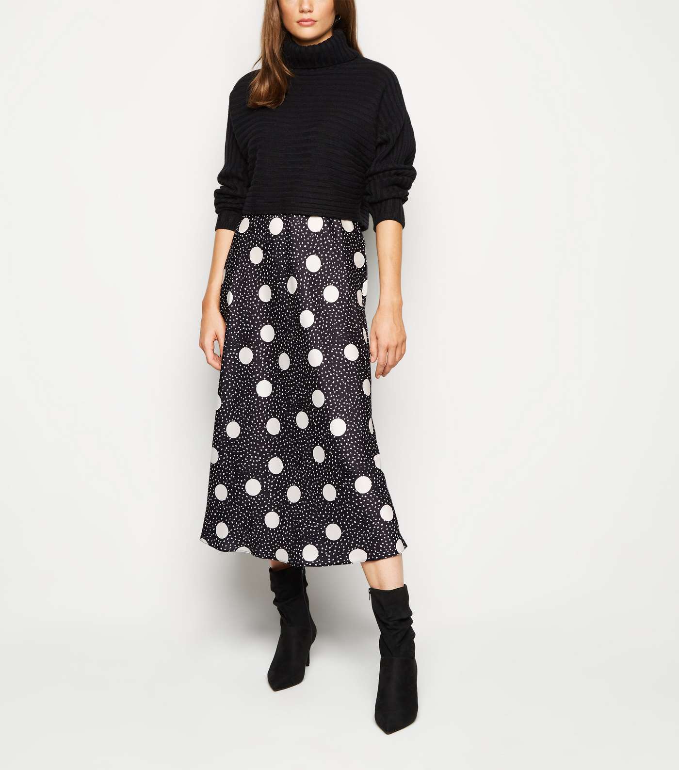 Black Spot Bias Cut Satin Midi Skirt