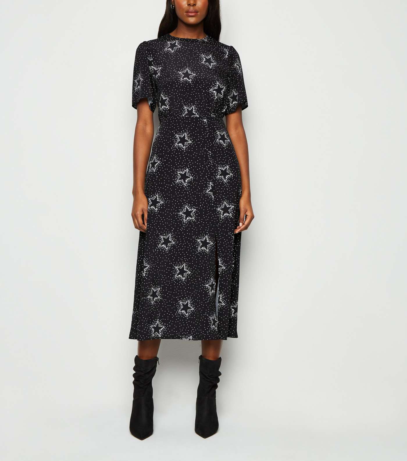 Black Star Print Side Split Midi Dress