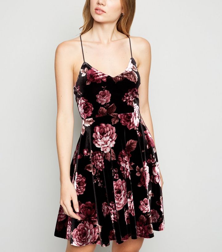 Black Floral Velvet Skater Dress | New Look