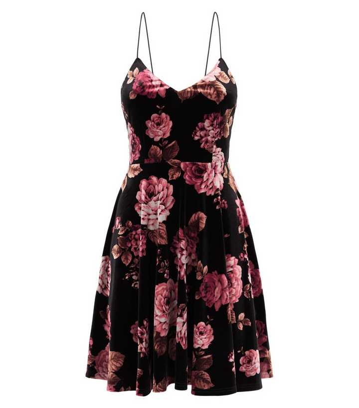Black Floral Velvet Skater Dress | New Look