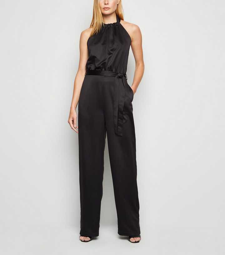 Black Satin Halterneck Wide Leg Jumpsuit