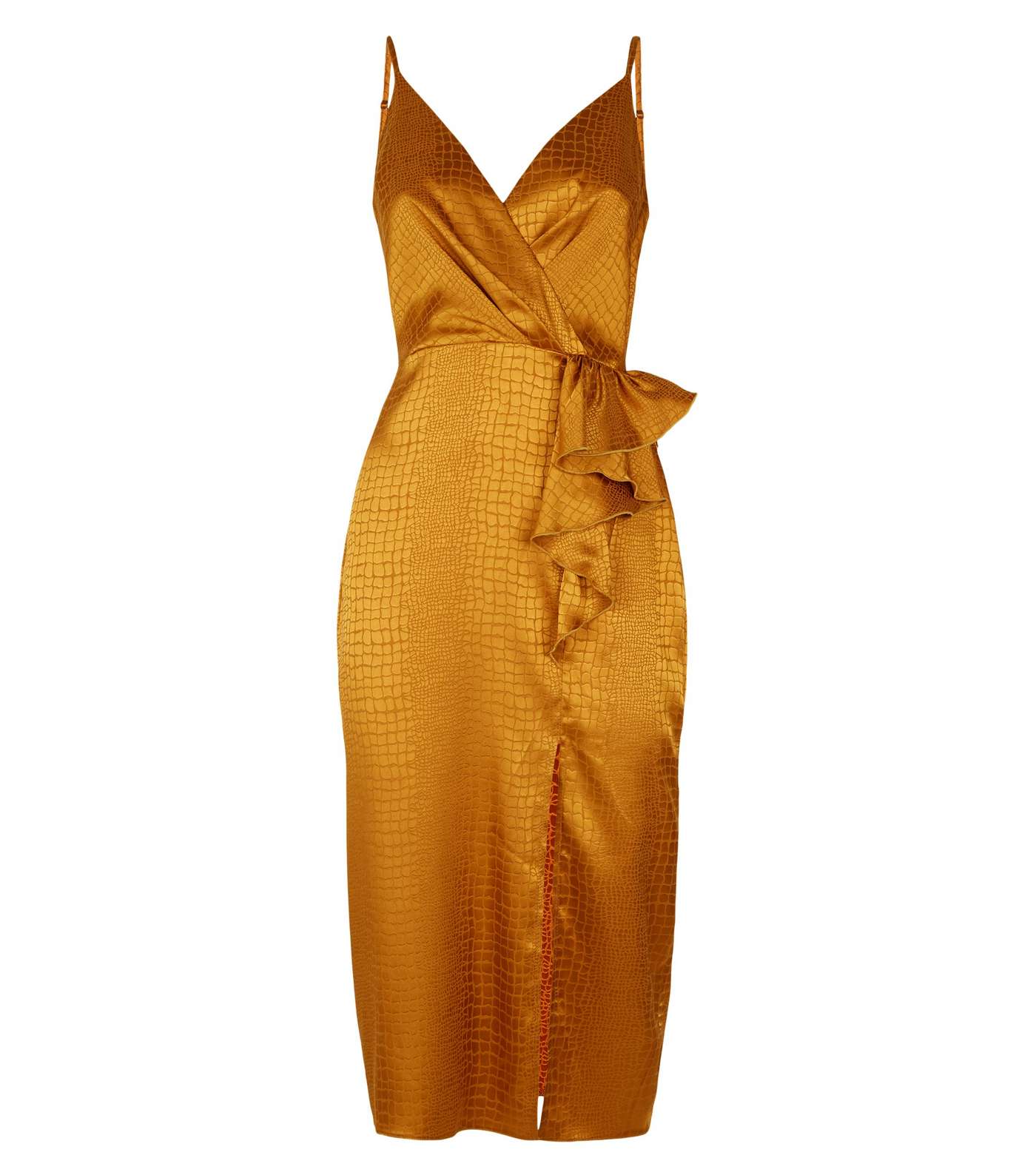 Mustard Satin Snake Jacquard Ruffle Midi Dress Image 4