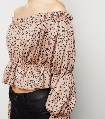 Image of Brown Satin Spot Print Ruffle Bardot Top New Look