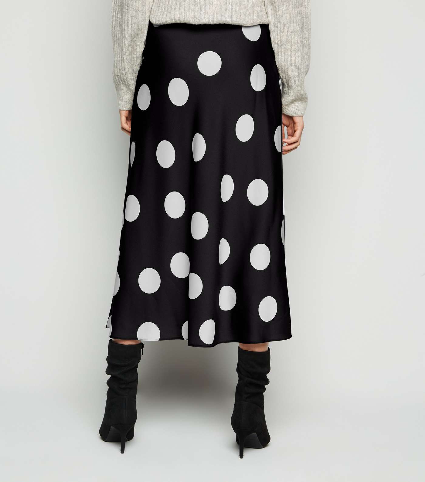 Black Bias Cut Satin Spot Midi Skirt Image 3