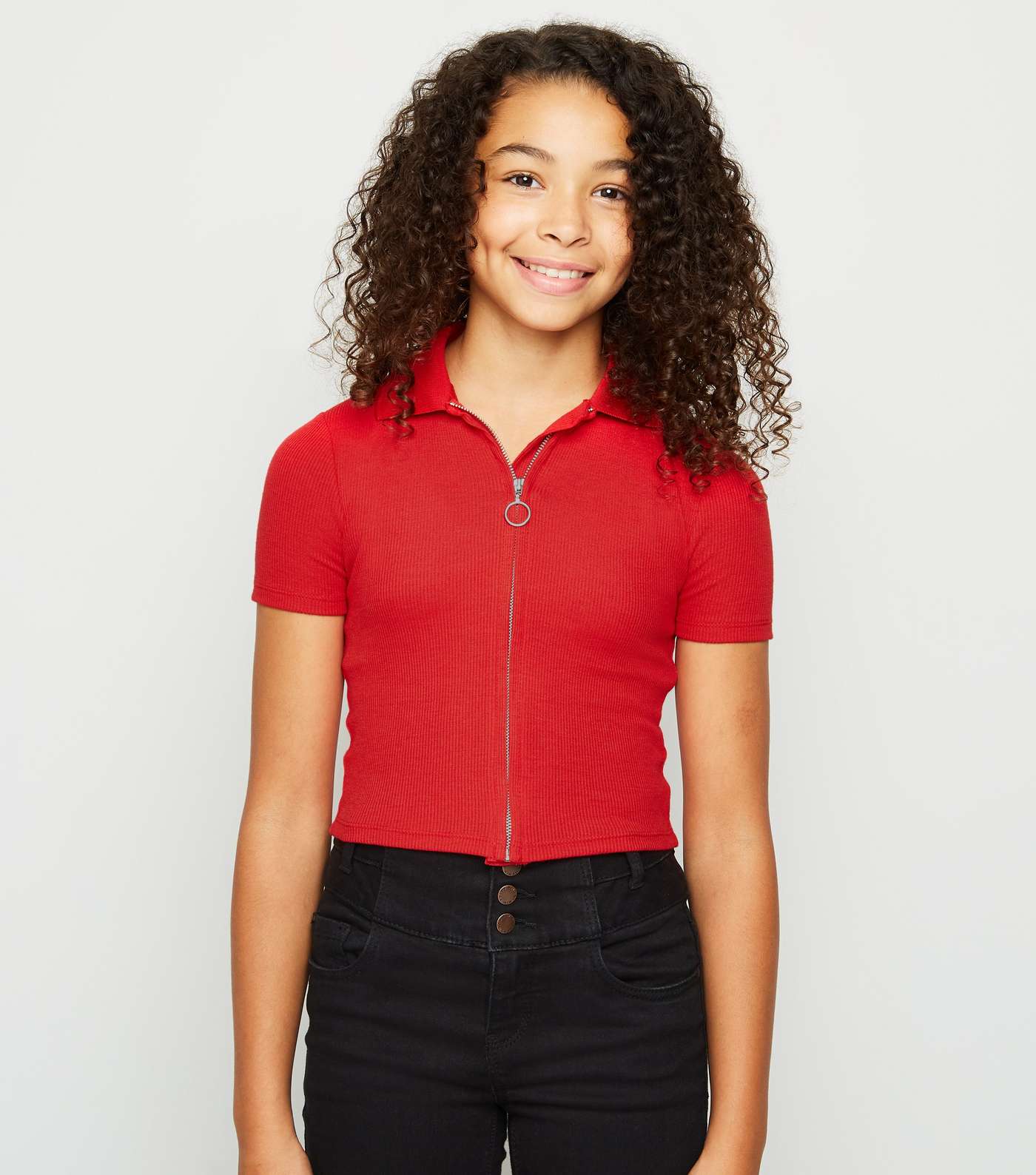 Girls Red Ribbed Zip Up Polo Shirt