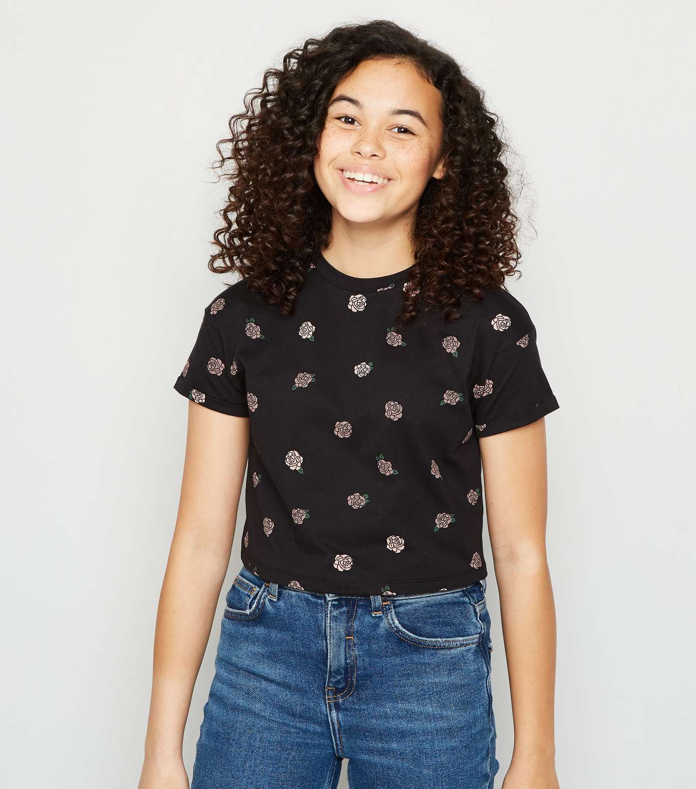 Girls Black Rose Print T-Shirt