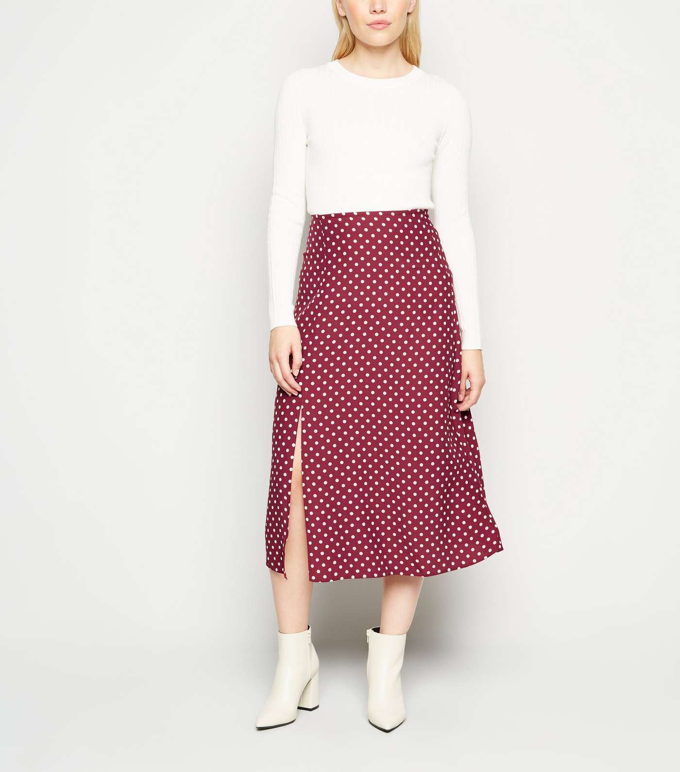 Petite Burgundy Spot Side Split Midi Skirt