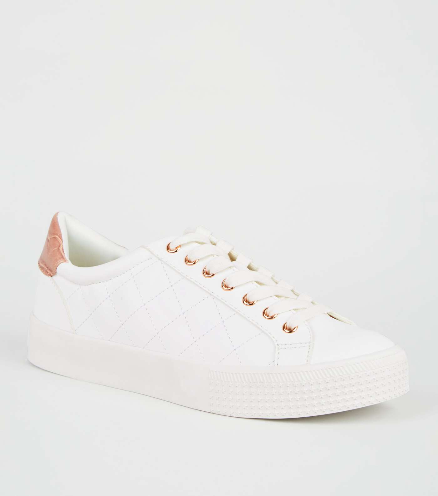 White Leather-Look Quilted Lace Up Trainers