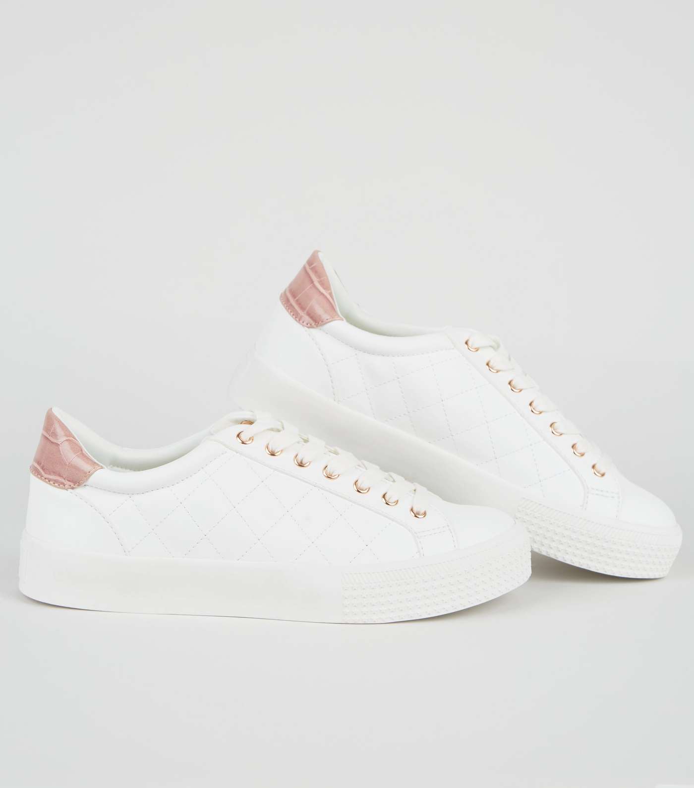 White Leather-Look Quilted Lace Up Trainers Image 3