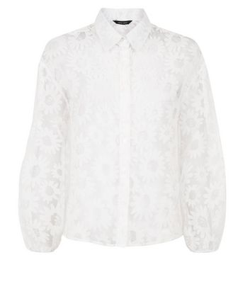 White Floral Organza Puff Sleeve Shirt