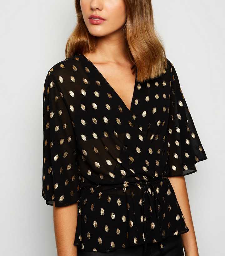 Black Chiffon Metallic Spot Wrap Blouse