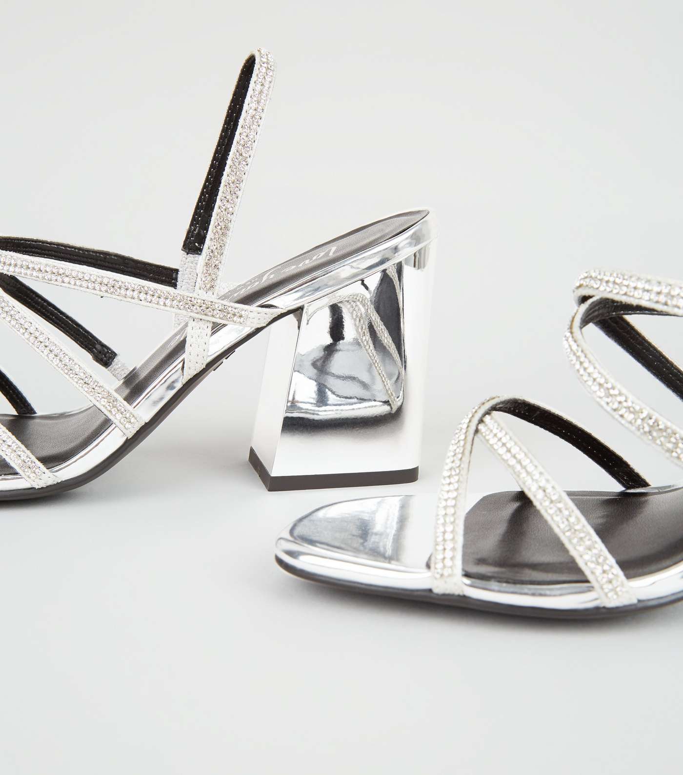 Silver Metallic Diamanté Strappy Flared Heels Image 4