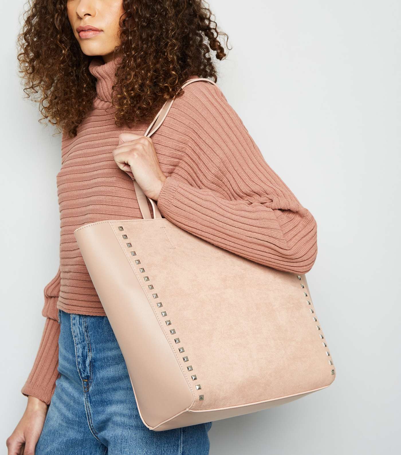 Pale Pink Leather-Look Stud Trim Tote Bag Image 2