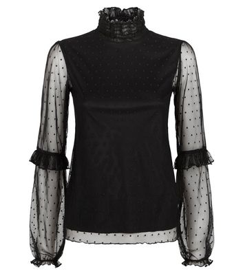 Image of Carpe Diem Black Spot Mesh Ruffle Blouse New Look