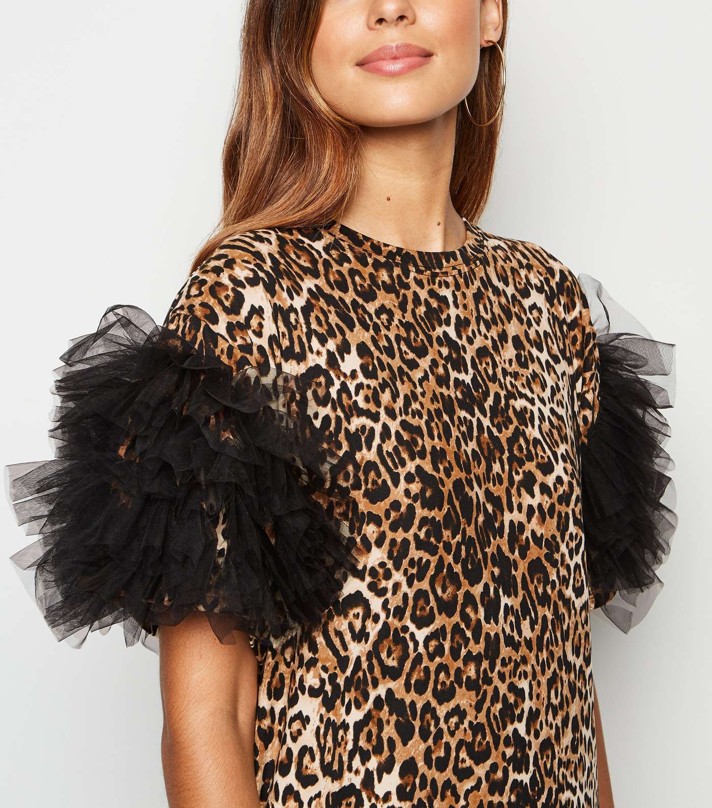 Cameo Rose Brown Leopard Mesh Ruffle Sleeve Dress Image 4